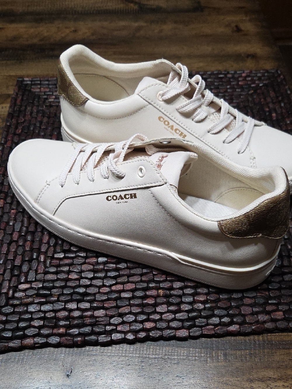 Coach Cream Sneakers with Gold Heel Accent